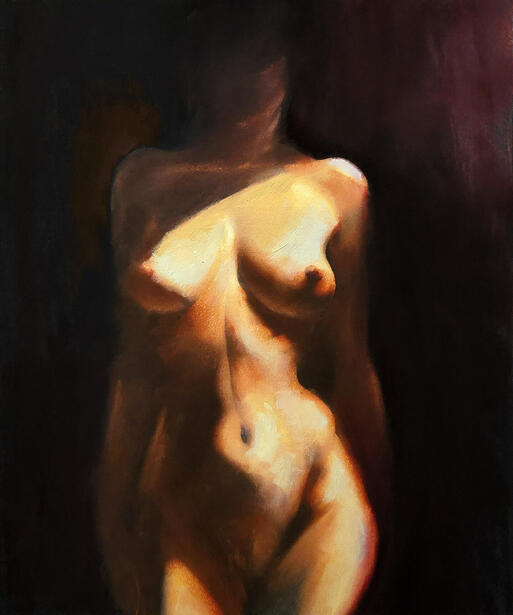 Chiaroscuro Female Nude - Oil On Paper - 8 X 10 - $500 USD